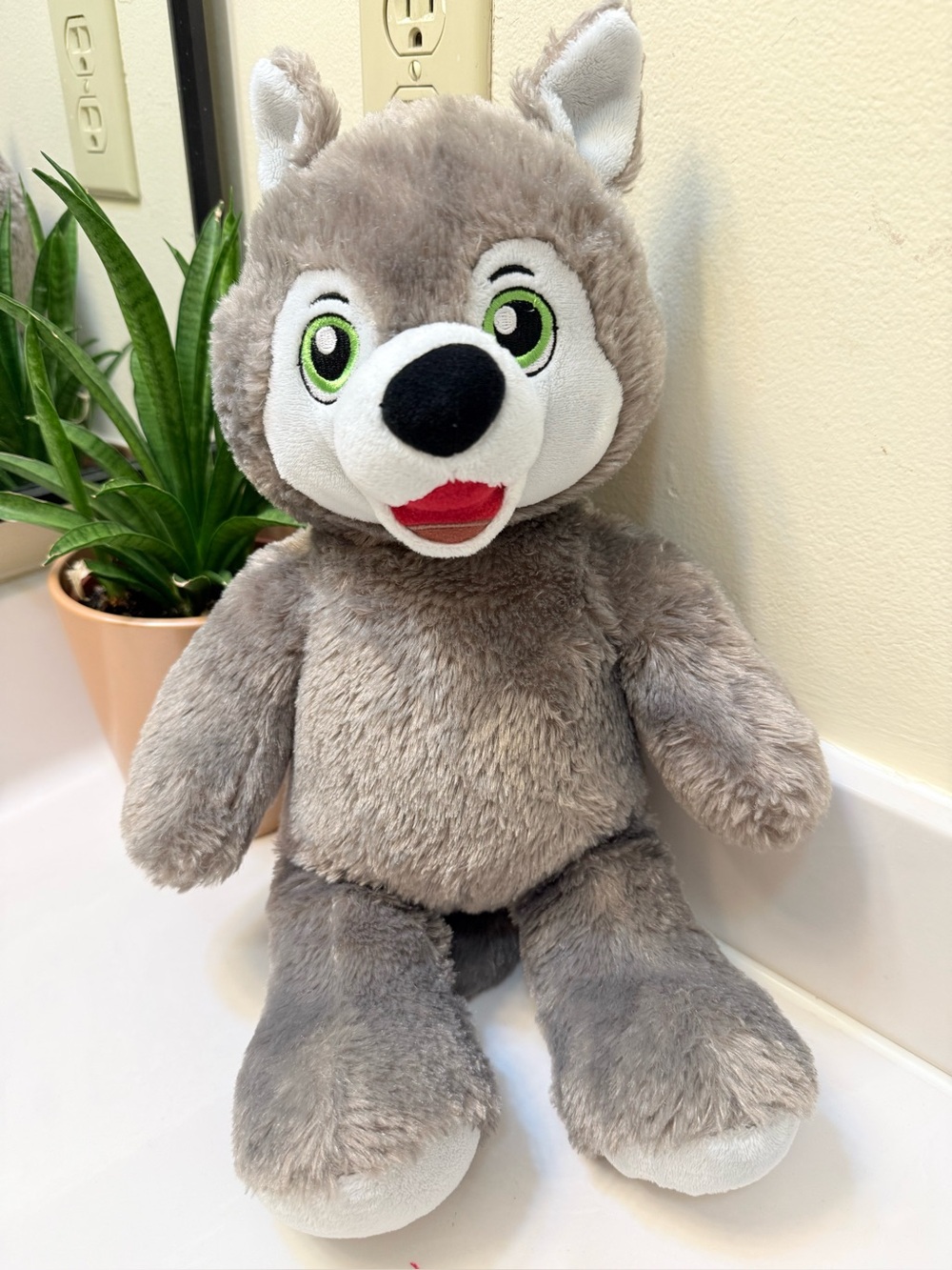 Build-A-Bear Gray and White Plush Wolf Stuffed Animal Green Eyes